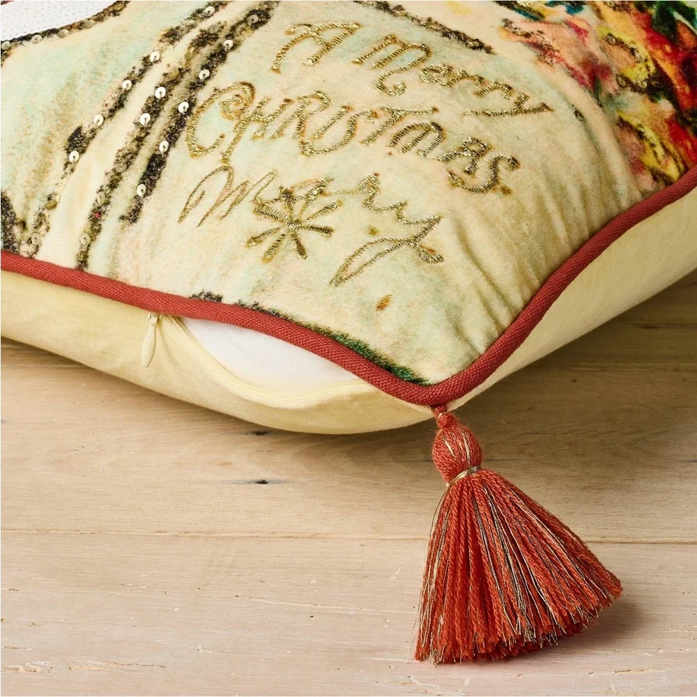 John Derian Target 2025 Santa Pillow Embroidered Holiday Christmas Tree 18”x18”
